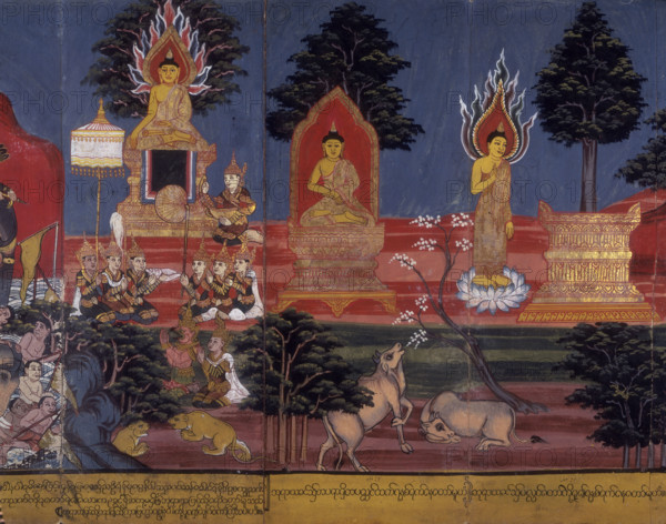 Buddhist deities, 19th century. A group kneeling on the left hold a fan and a shell, a symbol of Buddhism. From an illustrated Burmese folding book, depicting the life of Buddha.