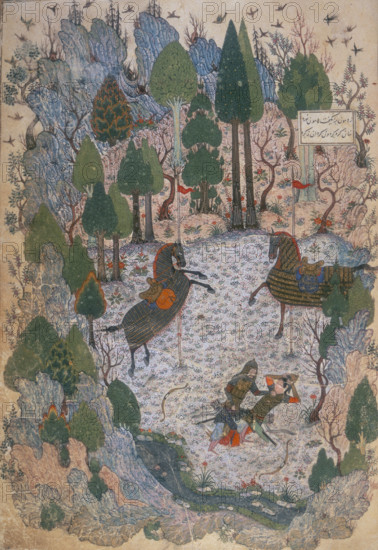 Humay recognising Humayun as she removes her helmet after their fight, 1396. From a set of nine miniatures illustrating Three poems by Khvaju Kirmani, namely Humay u Humayun, Kamalnama and the Rauzat al-anvar).