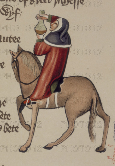 The Physician on horseback and carrying a jar, 1911. From a facsimile made in 1911 of "The Ellesmere Chaucer", an early fifteenth century manuscript of "The Canterbury Tales", written by Chaucer in about 1387.