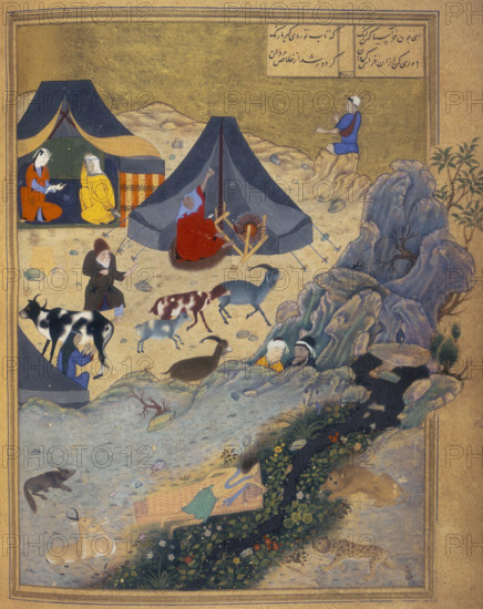 The death of Majnun on Layla's grave, 1494. A lion and a leopard approach the body of Majnun, while above people carry out their every-day tasks such as milking cattle and spinning. One of twenty single miniatures from the story of Layla and Majnun by Nizami.