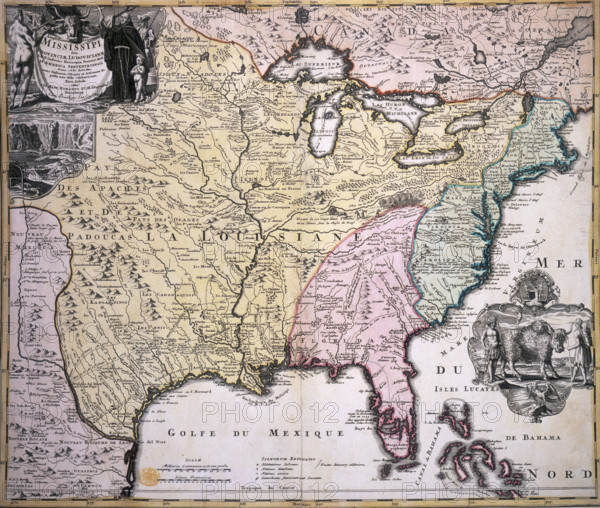 Map of North America, late 17th-early 18th century. Map in French and Latin showing the states of Louisiana, Florida and others, with illustrations of the Niagara Falls, and Native Americans with a buffalo, looking more like a Highland bull.