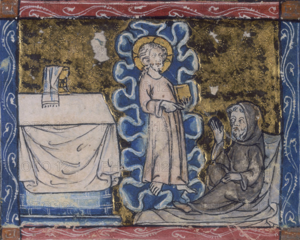 Christ appears to a hermit, c1300-c1350. The hermit is shocked at the sight of Christ before him. On the altar is the Holy Grail.