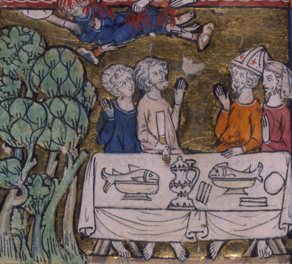 Seven hands appear from Heaven casting fire upon Moys, c1300-c1350. The empty space between the four men at the table indicates the place that Moys had tried to occupy.