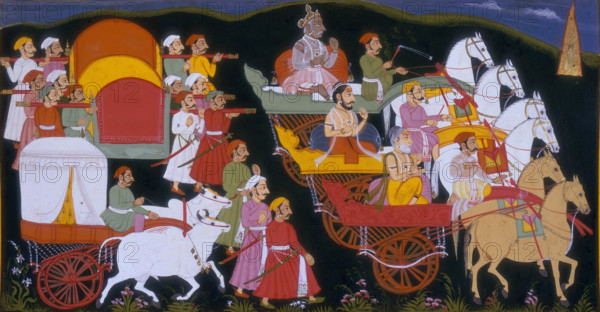 Procession of kings, wise men and their attendants, 1713. In the front are horse-drawn carriages and behind them wagons are pulled by bullocks. Bearers carry large palanquins. Scene from the "Ramayana", volume I, "Bala-Kanda".