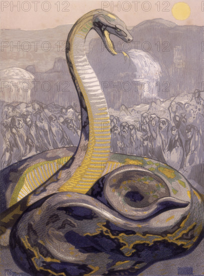 Kaa, the snake, 1919. Kaa rears up, his forked tongue protruding, as the apes cower in fear. From a French translation of "The Jungle Book" by Rudyard Kipling.