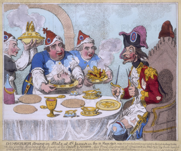 'Dumourier dining in state at St James's on the 15 May, 1793'. 'Vide His own declaration as printed by the Anti-levelling Societies. To the worthy Members of the Society at the Crown & Anchor, this Print illustrative of Treasons in Embryo (by them hunted out & exposed) is submitted by an admirer of their principles & truly clasic publications. Jas. Gillray delt.' Three cooks advance, wearing bonnets-rouges with tricolour cockades, aprons, and over-sleeves. Charles James Fox proffes the steaming head of Pitt; Sheridan, right, holds a dish containing a broken royal crown; Priestley enters with a dish containing a mitre. Dumouriez (anglicised to Dumourier) sits in a gothic chair (reminiscent of the Coronation chair), at the royal dinner-table, with a dagger in one hand, a fork in the other. He is much caricatured, thin, and unshaven, and wears a large feather-trimmed cocked hat, lace ruffles, a gold-laced and ragged military tunic, a tattered shirt over bare legs. His plate bears the roya...