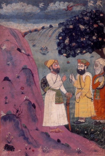 Guru Nanak, manuscript painting, early 18th century. Guru Nanak, the founder of Sikhism, and his constant companion Mardana (with a musical instrument) encounter a robber (the man with a sword) along the road. According to the story accompanying the painting, that experience persuaded the robber to abandon his wicked ways and become a follower of the Sikh path.