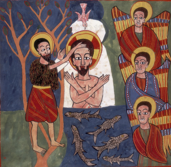 Scenes from the life of Christ and the Apostles, 1744. John the Baptist baptising Christ in the River Jordan. From "Sinodos" or the Canons of the Apostles and of the Council of Pharaohs, in the "Octateuch".