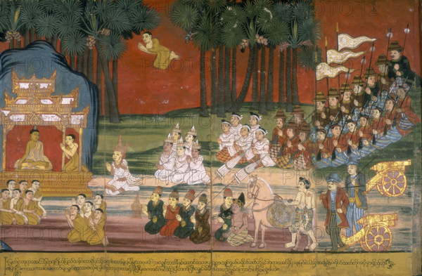 A king and his entourage kneel before Buddha, 19th century. The Buddha sits surrounded by priests or monks, with the king, his attendants and soldiers kneeling before him. Some Europeans (bottom right) have also come to witness the audience.