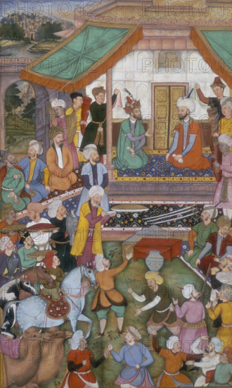 Humayun received by Shah Tahmasp, 1544, (c1603). The Shah of Persia receives Humayun, the Mughal emperor, surrounded by courtiers. Before them lie three swords and a dish of food, while servants bring more food. Other men are fighting in the foreground. From the "Akbarnameh".