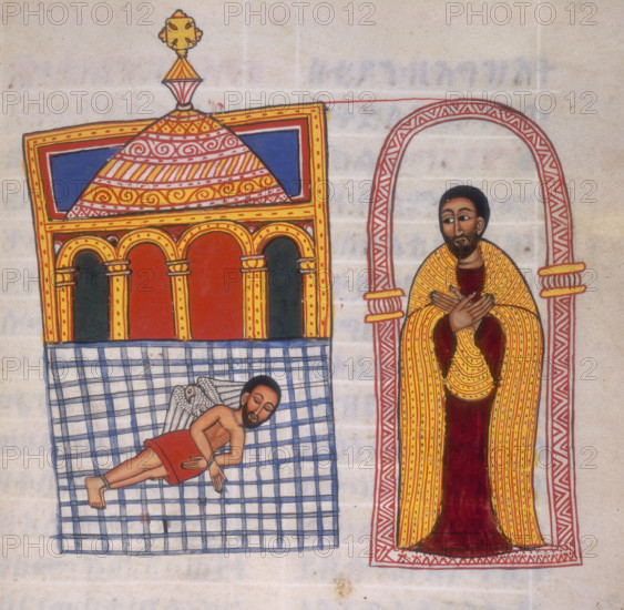 Sleeping man with bound hands and feet, c1710. A dove, possibly representing the Holy Ghost, visits the captive; another man watches from a doorway. From "Miracles of the Virgin Mary".
