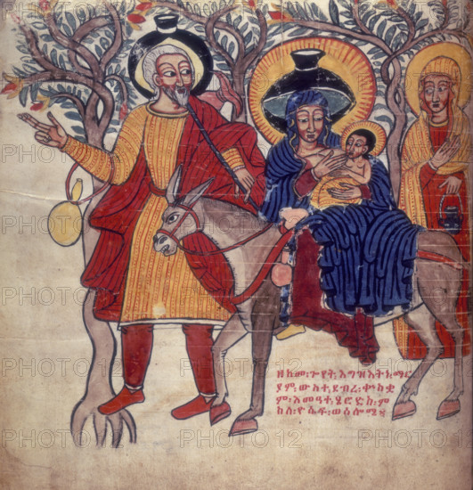 Joseph, Mary and Jesus leave Bethlehem, 1756. Joseph leads the donkey bearing the Virgin Mary and the Christ Child, as the family leave Bethlehem.