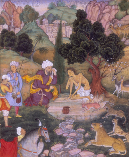 Salim telling Majnun of his mother's death, 1595. The emaciated Majnun, wearing a loincloth, is surrounded by the beasts of the forest. From the story of Layla and Majnun by Nizami.