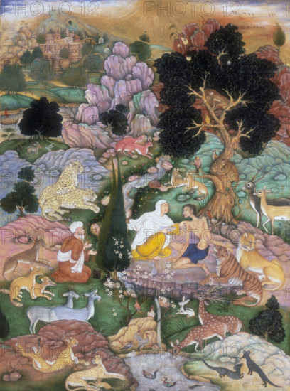 Majnun visited in the desert by his mother and Salim, 1595. Majnun's mother touches him on the shoulder. The emaciated Majnun, wearing a loincloth, rests one hand on the head of a tiger. From the story of Layla and Majnun by Nizami.