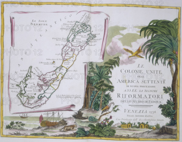 Map of Bermuda, 1778. Illustrated with pictures of ships at anchor and indigenous flora and fauna. From 'Le Colonie Unite dell'America Settentrionale di nuova projezione a SS. EE. li signori Riformatori dello Studio di Padova', (The United Colonies of North America newly projected to Their Excellencies the Reformers of the University of Padua). Published in Venice.