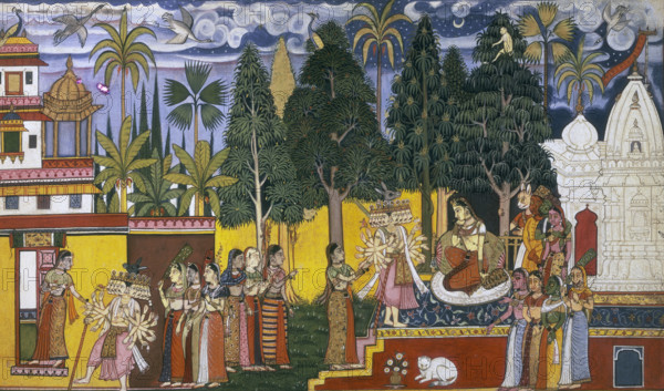 Many-headed deities, 1653. Hanuman in the Ashoka grove. From a position high in a Shingshapa tree, Hanuman observes Sita attended by a band of female titans; Ravana arrives with female attendants and begs Sita to marry him. From the Sanskrit epic "Ramayana" by Valmiki.