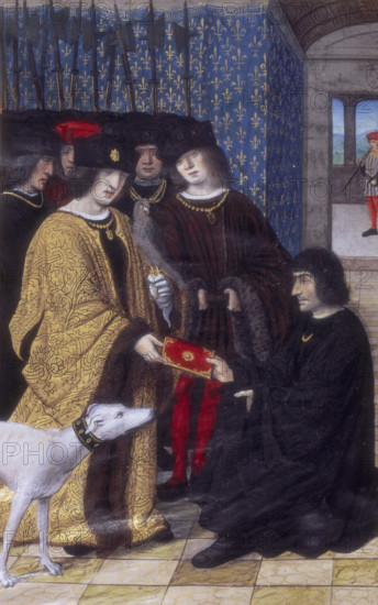 The author presenting his work to Charles VIII, c1475-c1498. The author kneels before the king and his courtiers, and presents his book. The king holds a falcon on one hand. Behind them the wall covering is patterned with fleur-de-lys indicating he is the king of France. From "Commentary on the Apostles' Creed" by Pierre Louis de Valtan. Illustrated by Marc Picault. 1490.
