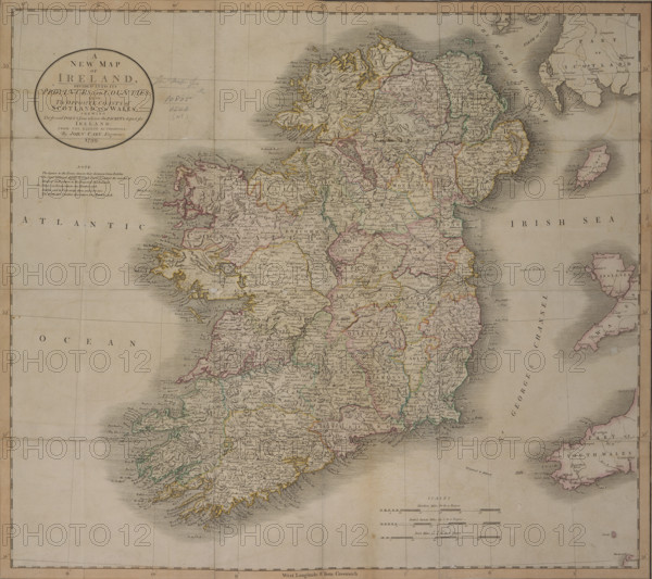 'A New Map of Ireland', 1799. 'A New Map of Ireland, divided into its Provinces and Counties; also, The Opposite Coasts of Scotland and Wales; shewing The several Ports from whence the Packets depart for Ireland. From the latest authorities. Note. The figures to the Towns denote their distance from Dublin. The Stars annexed signify Borough Towns & express the number of Members each return to the Imperial Parliament. Viz. Thirty one Towns return one Member each. Dublin and its University three, and Cork two. The thirty two Counties also return two Members each'.