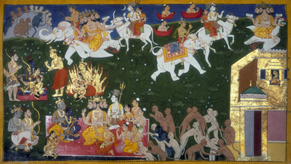 Agni Pariksha, 1652. Trial by fire. Scene from a Hindu epic, with multi-headed gods, white elephants and monkeys. With Ravana finally dead, Sita has prepared herself for seeing her husband once again. But Rama has repudiated her: she has lived in another man's house and hence it would not be fitting for him to take her back. To prove her chastity and vindicate her honour, Sita has a great fire prepared and casts herself into it. Agni the golden god of fire himself rises from the flames attesting to Sita's purity and presents her to her husband. The gods - headed by Brahma on his goose, Indra on his elephant and Siva and Parvati on the bull Nandi - come down from heaven and Rama's father, king Dasaratha, comes back from the dead, all with the same message. Rama announces that he has not doubted her for an instant, but that the trial was necessary so that the people should not doubt her either. He requests that the god Indra restore to life those monkeys who have died in the struggle. As...