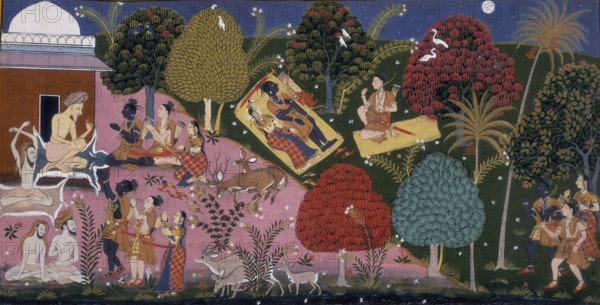 A wise man gives his blessing, 1713. At top centre, Sita, Rama and Laksmana spend the night in the forest. Sita and Rama lie on one mat, his sword and bow beside him, while Laksmana seated on his mat reproves Rama for giving way to grief. From the Sanskrit epic "Ramayana" by Valmiki.