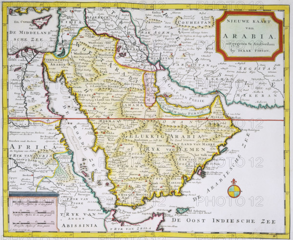 Map of Arabia, 1744. 'Nieuwe Kaart van Arabia. uit gegeven te Amsterdam'. New Map of Arabia. published in Amsterdam. The map also shows parts of the Middle East and north-east Africa.