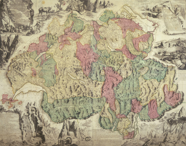 Map of Switzerland, 1740. 'Helvetiae Antiquae Geographicus Index'. Showing the country divided into provinces, and surrounded by illustrations depicting various locations and scenes.