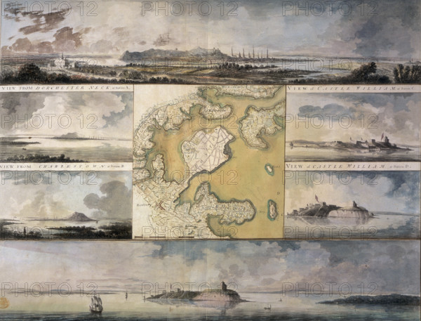 Views of the area around Boston, New England, 1773. 'View from Dorchester Neck, at Station A. View from Charlestown, at Station B. View of Castle William, at Station C. View of Castle William, at Station D.'. Landscapes of several locations arranged around a central map of the area.