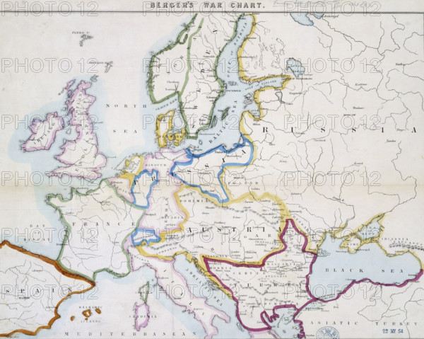Berger's war chart, 1854. A map of Europe at the time of the Crimean War, including the Baltic and Black Seas, the Danube, the Empires of Russia and Turkey and the surrounding countries.