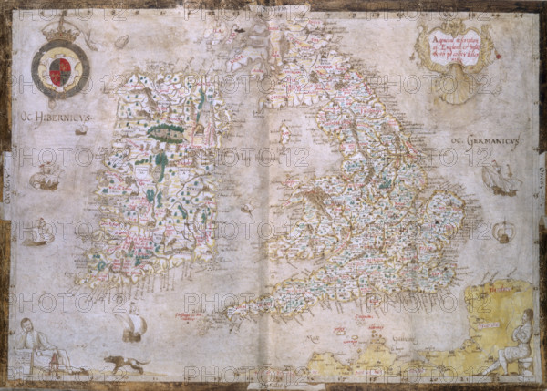 Map of Great Britain and Ireland, c1564-c1570. 'A general description of England & Irelad [sic] with ye costes adioyning [ie adjoining]'. The map also includes part of the near continent, but omits northern Scotland. From the Nowell-Burghley Atlas.