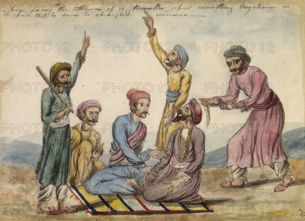 'Thugs fixing the attention of a traveller upon something mysterious in the clouds, that he may be strangled unawares', 1838. The cult of Thuggee in India was practiced by devotees of the goddess Kali. They never strangled women. The practice was finally wiped out in the 1830s. From 'Dialogues with Thugs and Narratives of Murderers'.