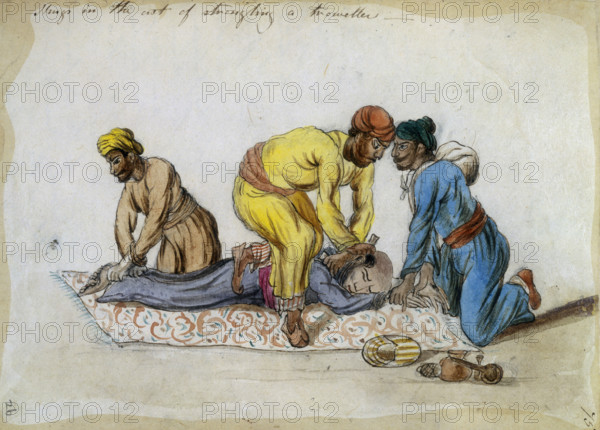 'Thugs in the act of strangling a traveller', 1838. The cult of Thuggee in India was practiced by devotees of the goddess Kali. They never strangled women. The practice was finally wiped out in the 1830s.