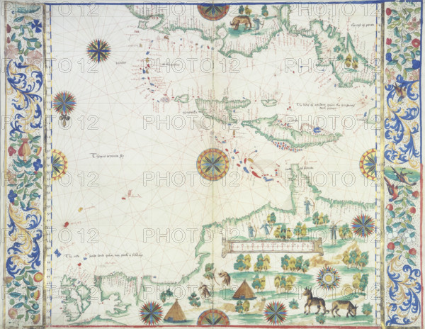 Map of the Caribbean, 1542. Map showing 'Couba' (Cuba), 'Espagnolla' (Hispaniola), and 'Jamaca' (Jamaica). It is orientated 'upside down' to our modern eyes: parts of the north coast of South America appear at the top, and parts of the south coast of North America, including Florida, appear at the bottom. Native Americans are depicted engaged in hunting with bow and arrow. The map includes a scale and lines of latitude. From "Portolano" or 'Boke of Idrography' by John Rotz, dedicated to King Henry VIII.