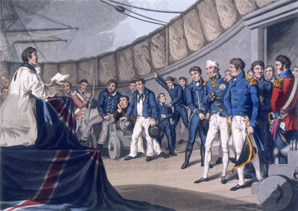 Sailors at prayers on board Lord Nelson's ship, after the Battle of the Nile, 1819. The priest conducts the service from a makeshift altar that has a union jack draped over it. The sailors stand in a semi circle listening. A wounded Nelson is also listening on the right. In 1798 Nelson defeated Bonaparte's naval forces in Aboukir Bay, which became known as the Battle of the Nile.