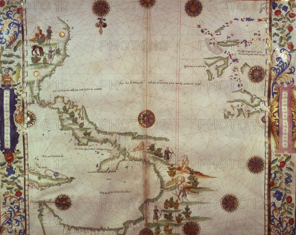 Chart of the Gulf of Mexico and the Pacific Ocean, 1542. The map is orientated 'upside down' to our modern eyes: parts of the north coast of South America - eg 'Perou' - appear at the top, and parts of the south coast of North America - eg 'The lande of Florida' - appear at the bottom. 'The Couba' (Cuba), is at far left. Native Americans are depicted engaged in hunting with bow and arrow. From "Portolano" or 'Boke of Idrography' by John Rotz (The 'Rotz Atlas'), dedicated to King Henry VIII.