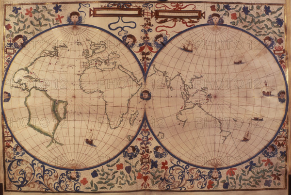 World Map, 1542. On the left is the 'New World', the Americas. Surrounded by a colourful decorative floral border. From "Portolano" or 'Boke of Idrography' by John Rotz, dedicated to King Henry VIII.