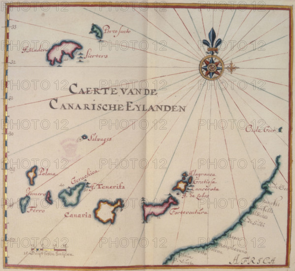 Map of the Canary Islands, 17th century. 'Caerte van de Canarische Eylanden'. On the right is the coast of Africa. From "A Dutch Portolano".