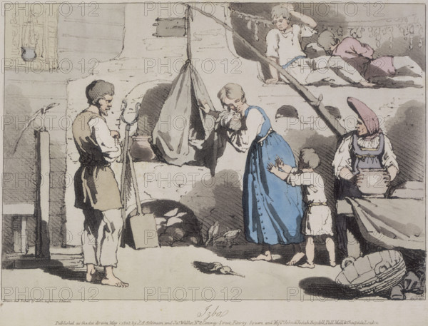 'Izba'; a Russian family, 1812. Scene inside a Russian peasant house, or izba; a child holds his arms up to a woman holding a baby. She reaches towards a contraption hung in front of the chimney breast. Two people are in a sleeping-alcove above. Another woman and a man look on. From "A Picturesque Representation of the Manners, Customs, and Amusements of the Russians", by John Augustus Atkinson and James Walker.