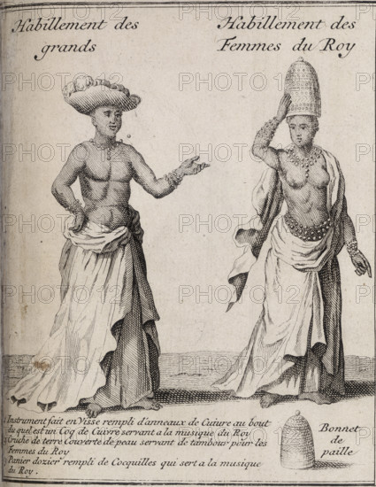 A man and woman from New Guinea, 1731. 'Habillement des grands. Habillement des Femmes du Roy. 1. Instrument fait en visse rempli d'anneaux de Cuiure au bout du quell est un Coq de Cuivre servant a la musique du Roy. 2. Cruche de terre Couverte de peau servant de tambour pour les Femmes du Roy. 3. Panier dozier rempli de Cocquilles qui sert à la musique du Roy. Bonnet de paille'. (Clothing of the nobles. Clothing of the King's Wives. 1. [screw-shaped?] Instrument filled with rings of copper at the end of which is a copper rooster [?] used for the King's music. 2. Earthenware jug covered with skin used as a drum for the King's Wives. 3. Dozier basket filled with shells used for the King's music. Straw bonnet). Both are wearing beaded necklaces and bangles.