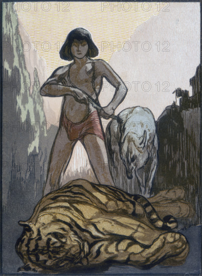 Mowgli kills Shere Khan, the tiger; scene from "The Jungle Book", 1919. From a French translation of "The Jungle Book" by Rudyard Kipling.