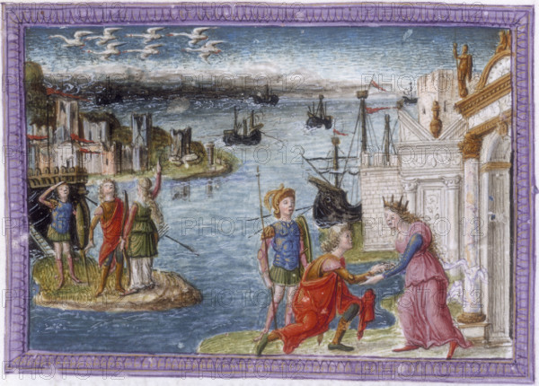 Aeneas welcomed at Carthage by Dido, c1497-c1499. Aeneas kneels before Queen Dido at the gates to the city of Carthage. Dido was finishing building the city of Carthage when Aeneas and his soldiers arrived. She and Aeneas instantly fall in love. In the background is the ruined city of Troy, from where Aeneas has come, and the Trojan fleet. From Virgil's "Aeneid".
