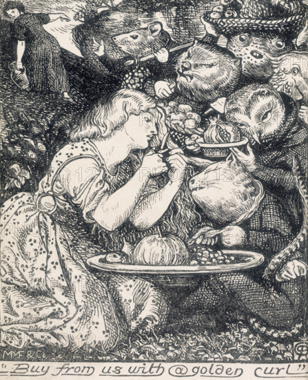 'Buy from us with a golden curl', 1862. A woman cuts a curl of her golden hair with a pair of scissors while anthropomorphic animals crowd round. They hold dishes of fruit which she will pay for with her curl. From "Goblin Market and other poems" by Christina Rossetti.