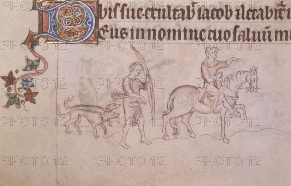 A noble and serf hunting, c1300-c1325. A noble on horseback leads the way with his serf following behind carrying a bow and arrow, and two hunting dogs.