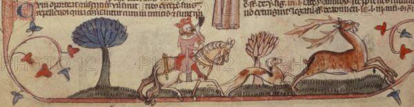 A king with his hunting dog, chasing a stag, c1300-c1325. A king riding his horse and blowing his horn. His dog runs in front of him chasing the stag. From the Smithfields Decretals.