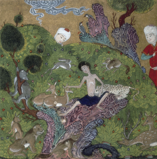 Majnun in the desert among the wild beasts, 1500. An extremely thin Majnun sits with a leopard resting its head in his lap, and petting a deer. Around him are birds, a stag, a lion and a wolf. A figure watches him from behind a bush, and on the right of the image. Majnun goes to live in the wilderness after the father of the girl he loves, Layla, refuses him to marry him. From the "Khamsah" by Nizami, a Persian poet.