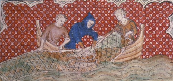 Three fishermen hauling in their catch, c1300-c1325. The men pull the net into the boat.