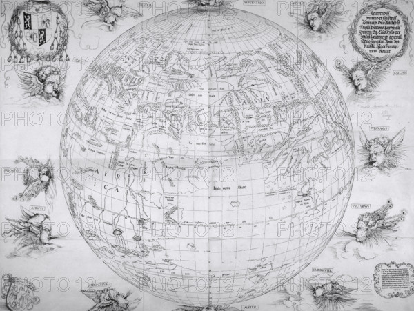 A map of the world, 1515. Depicting Europe, Asia and Africa. Rivers and mountain ranges have been included. Earth is surrounded by the various winds.