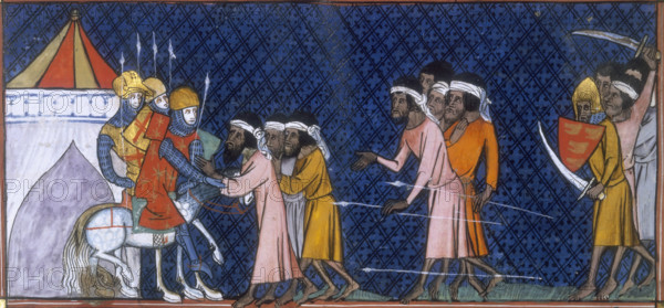 Saracens and crusaders, c1325-c1350. Treacherous attack by Saracens. From "Chroniques de France ou de Saint Denis".