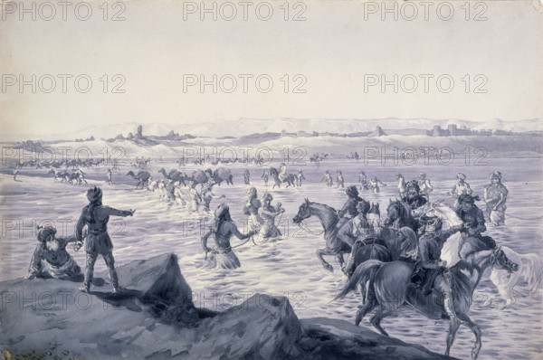 Crossing the Helmund at Chahar Burjak, Afghanistan, 1884. Men form two lines across the river holding onto ropes. Soldiers on horses attempt to cross the river between the two ropes. The man standing on the rock appears to be giving orders. The river Helmand is the longest river in Afghanistan.