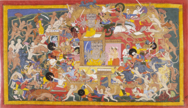 Attack on Lanka, c1649. The allies launch a general attack on Lanka, in which many marvellous feats of skill and daring are performed. Rama divides his forces, sending the monkey chiefs with their separate armies to invest each of the city's four gates. Nila attacks Prahasta at the eastern gate, Angada attacks Mahaparsva and Mahodara at the southern gate, Hanuman attacks Indrajit at the western gate, while Rama, Laksmana and Sugriva attack the northern gate, where Ravana is stationed. Ravana ascends to the roof of his palace before ordering a sortie. (Ravana's golden palace. Ravanna is the ten headed demon king at the very centre of the picture. Two servants wait by his side in attendance. All around him are scenes of fighting between his supporters and enemies. Enemies storm the walls of his palace. In the bottom right corner elephants are used to push them back, and hold monkeys in their trunks.) From Book 6, Yuddhakanda, Mewar Ramayana.