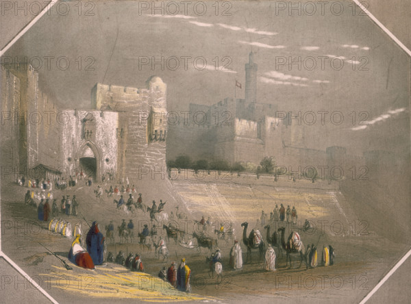 People outside the city walls, Mount Zion, Jerusalem, 1844. To the right is the Anglican Cathedral Church of St James.